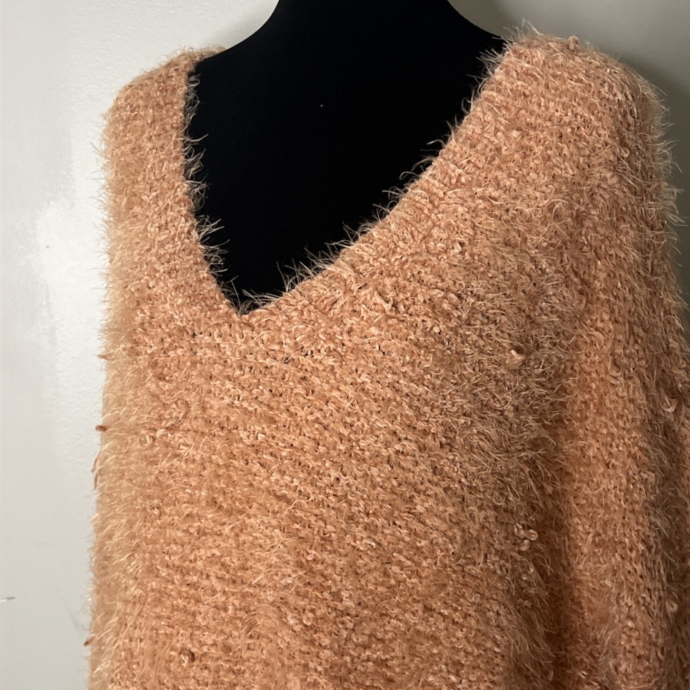 Newbury Kustom Fuzzy Eyelash Knit V-Neck Sweater Orange Peach Plus Size 2XL